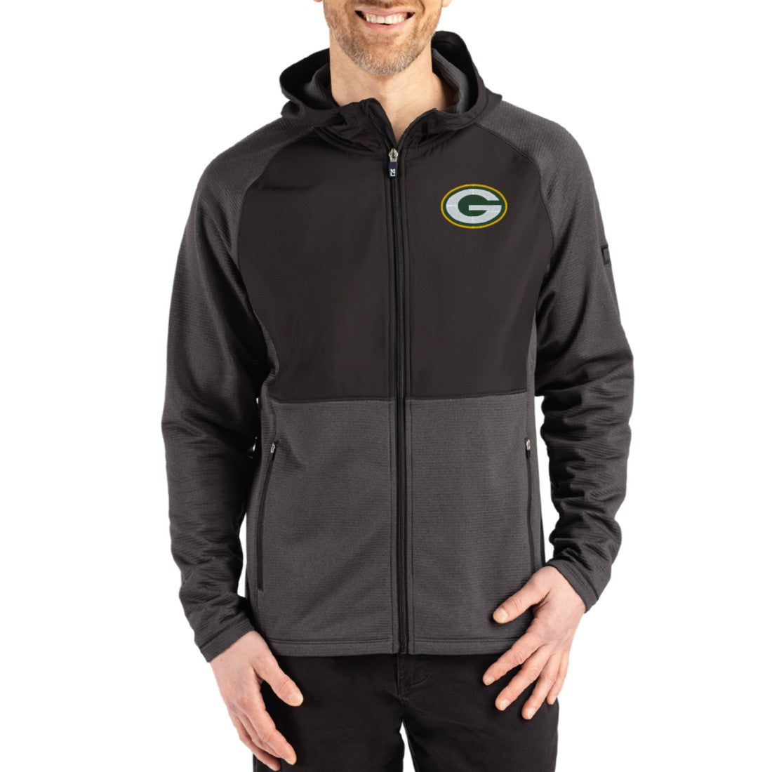 Green Bay Packers Cutter & Buck Peshastin Eco Fleece Recycled Raglan Full-Zip Tri-Blend Hybrid Jacket Heather Black