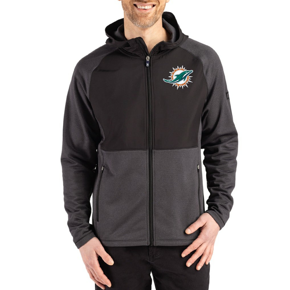 Miami Dolphins Cutter & Buck Peshastin Eco Fleece Recycled Raglan Full-Zip Tri-Blend Hybrid Jacket Heather Black