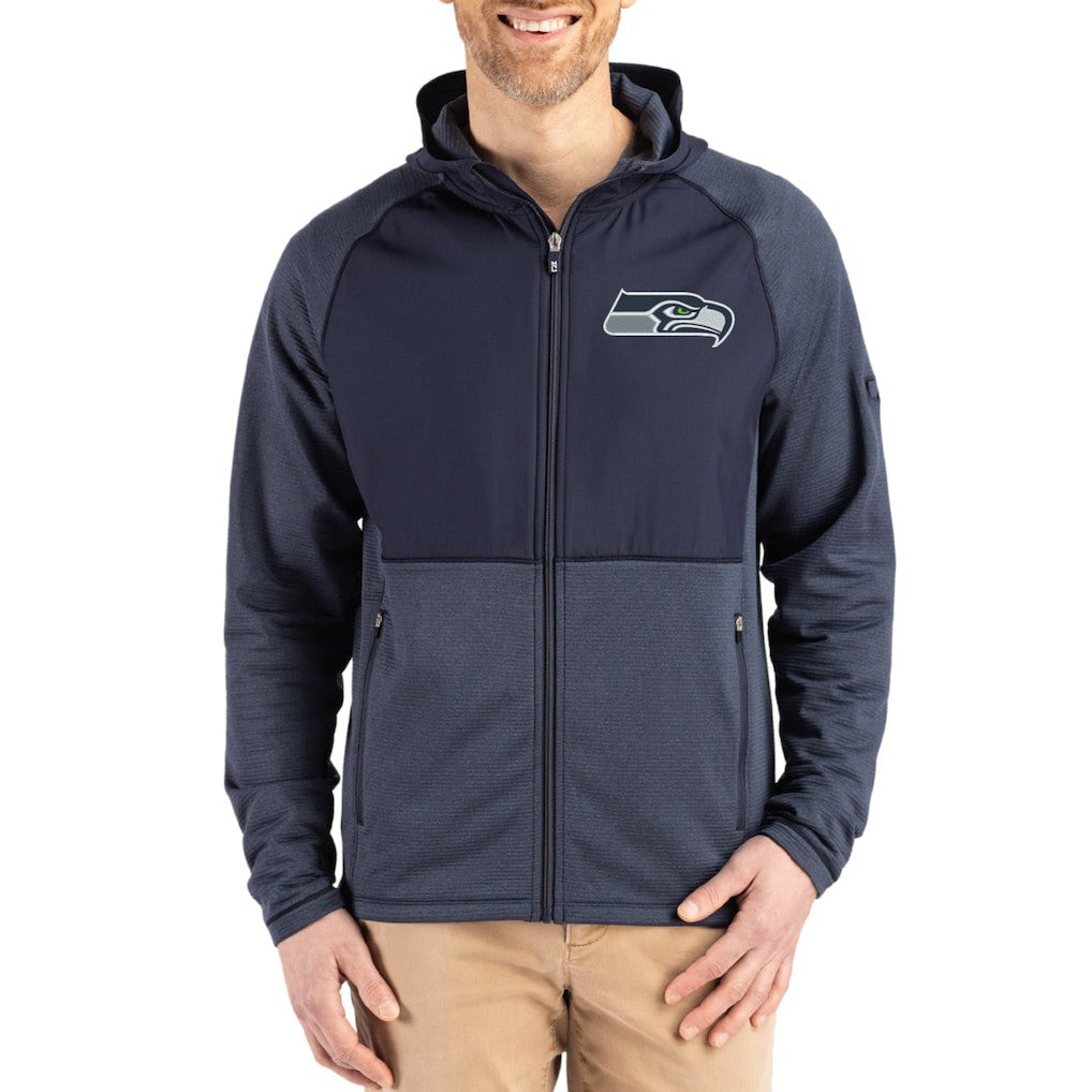 Seattle Seahawks Cutter & Buck Peshastin Eco Fleece Recycled Raglan Full-Zip Tri-Blend Hybrid Jacket Heather College Navy