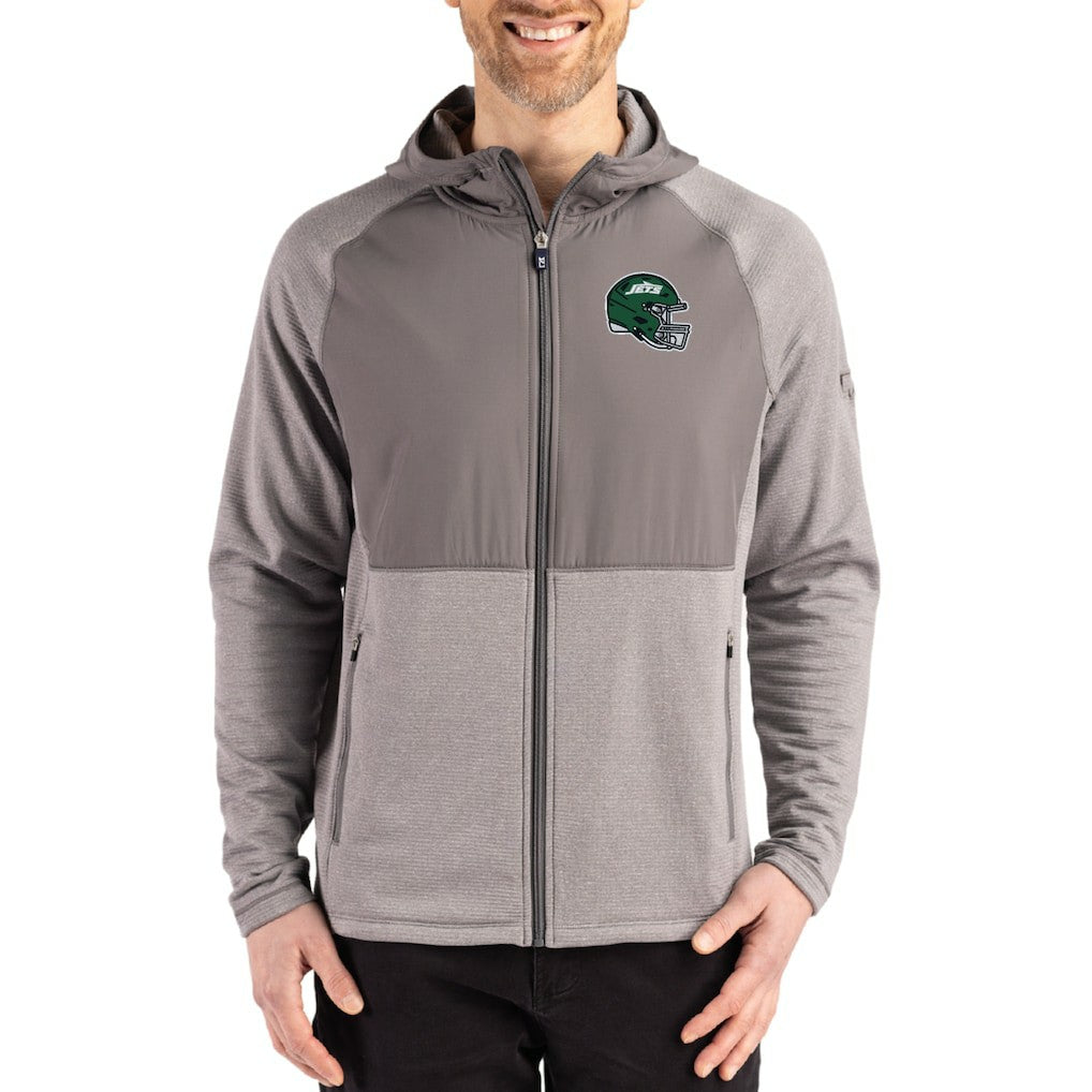 New York Jets Cutter & Buck Peshastin Eco Fleece Recycled Raglan Full-Zip Tri-Blend Hybrid Jacket Heather Gray