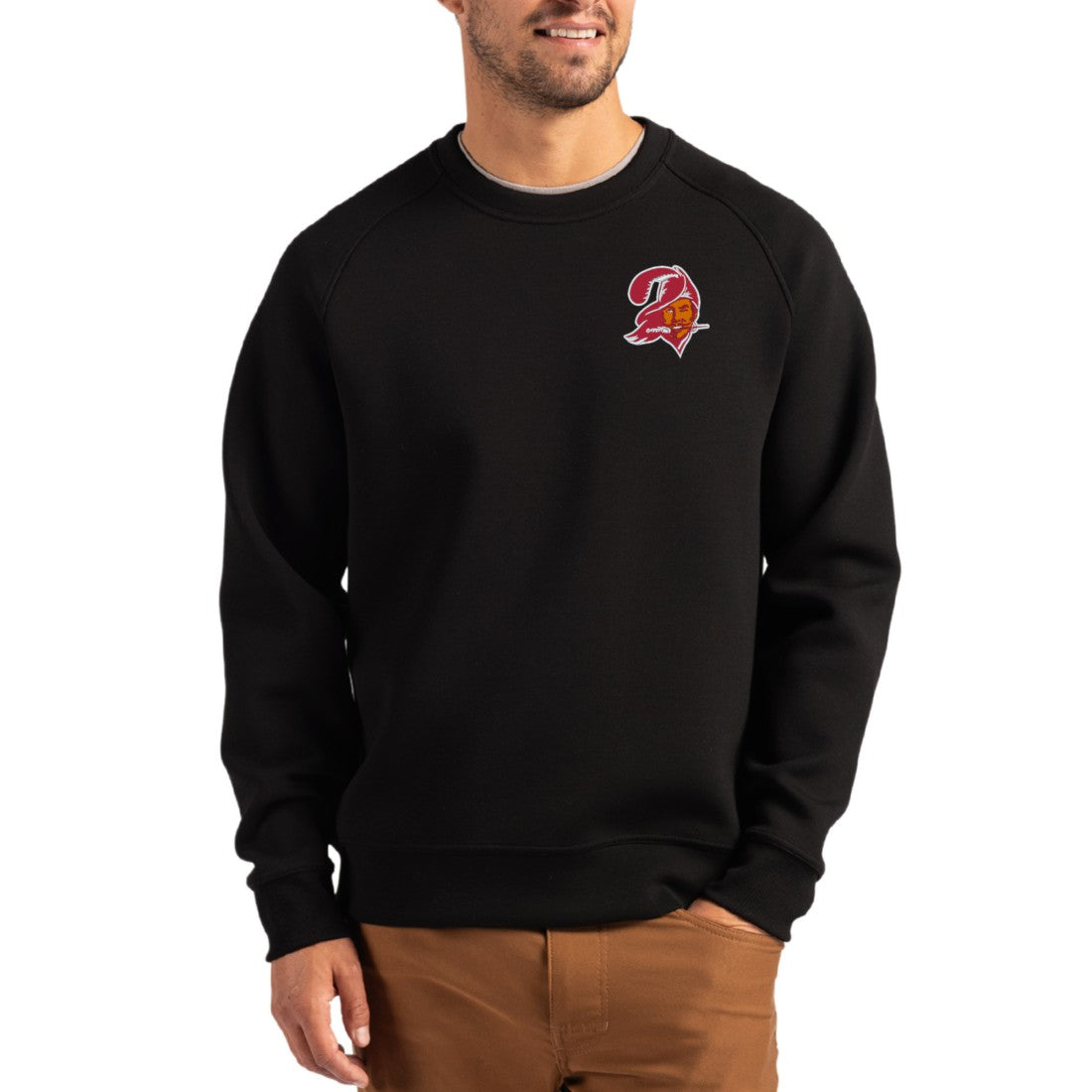 Tampa Bay Buccaneers Cutter & Buck Throwback Roam Recycled Raglan Pullover Sweatshirt Black