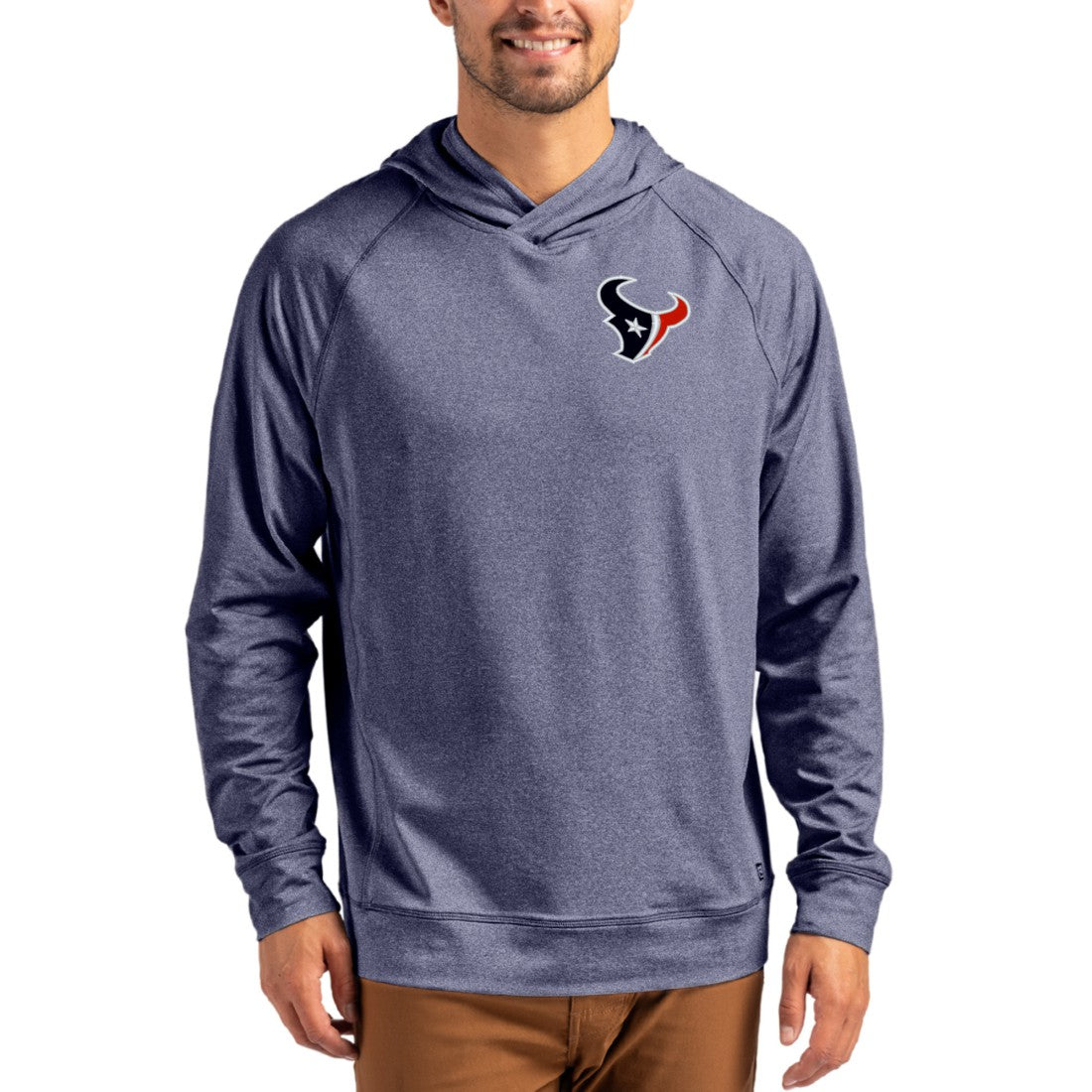 Houston Texans Cutter & Buck Adapt Knit Recycled Raglan Pullover Hoodie Heather Navy