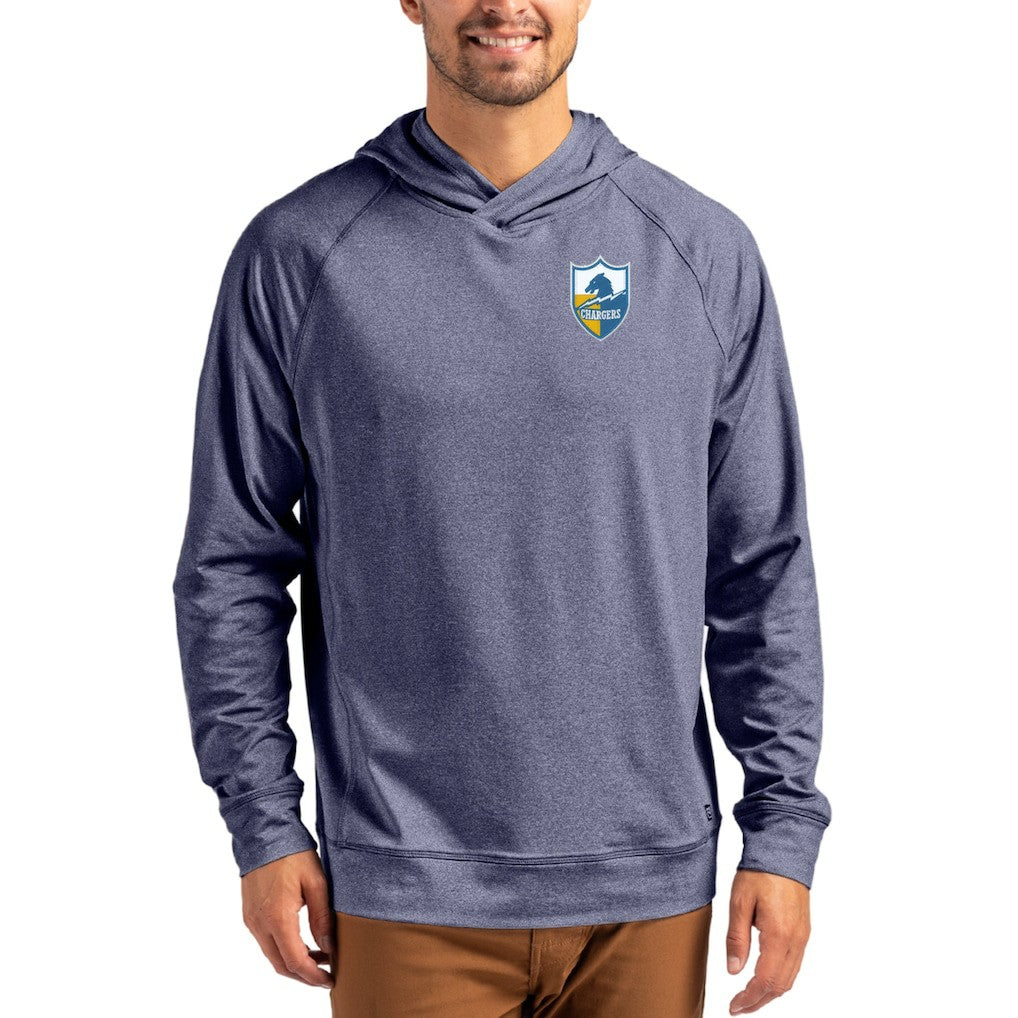 Los Angeles Chargers Cutter & Buck Adapt Historic Knit Recycled Raglan Pullover Hoodie Heather Navy