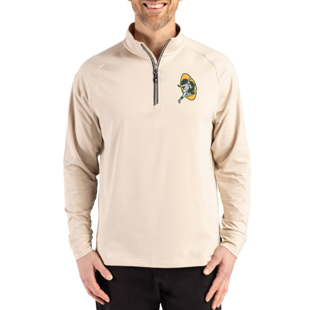 Green Bay Packers Cutter & Buck Throwback Logo Adapt Eco Knit Stretch Recycled Quarter-Zip Pullover Tan