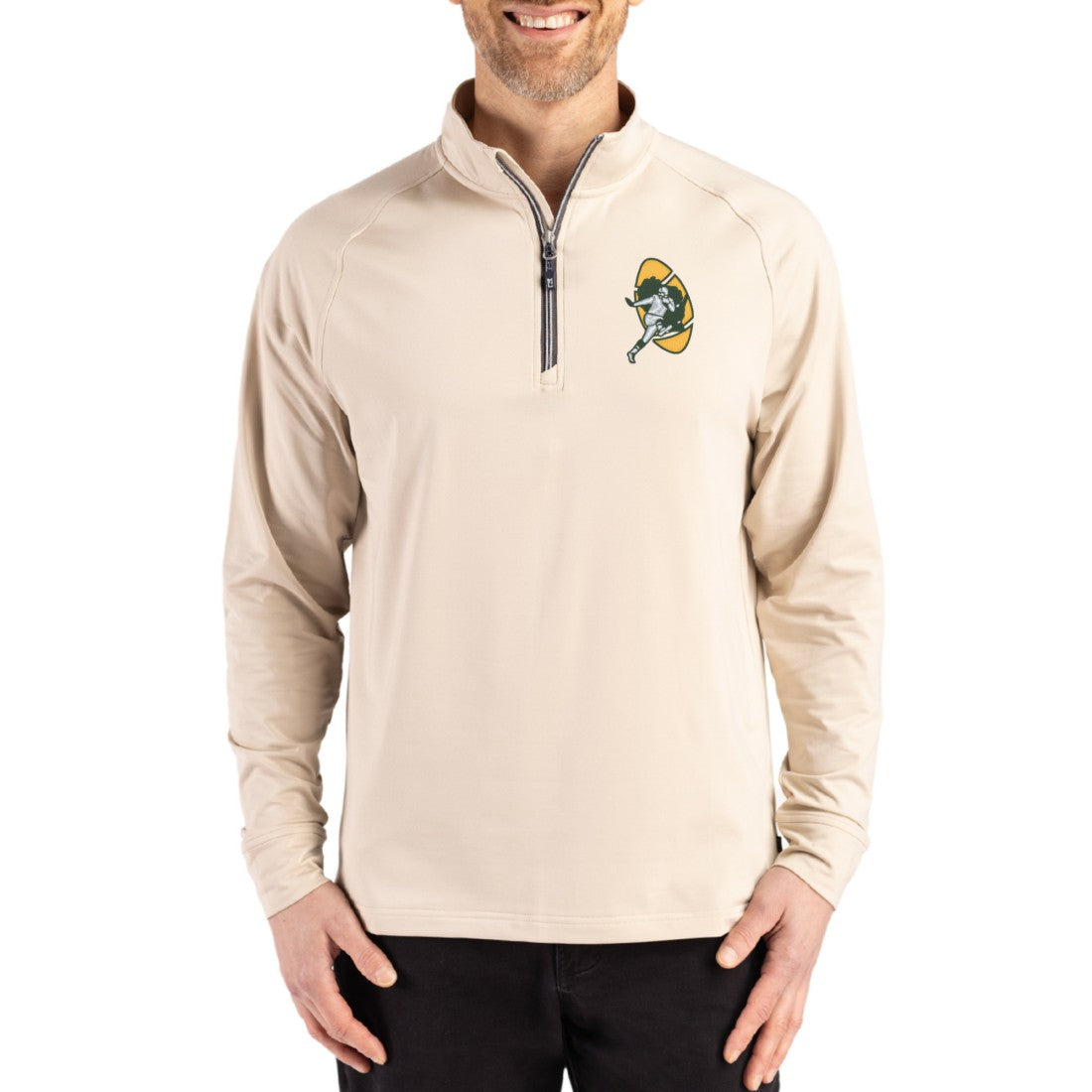 Green Bay Packers Cutter & Buck Throwback Logo Adapt Eco Knit Stretch Recycled Quarter-Zip Pullover Tan