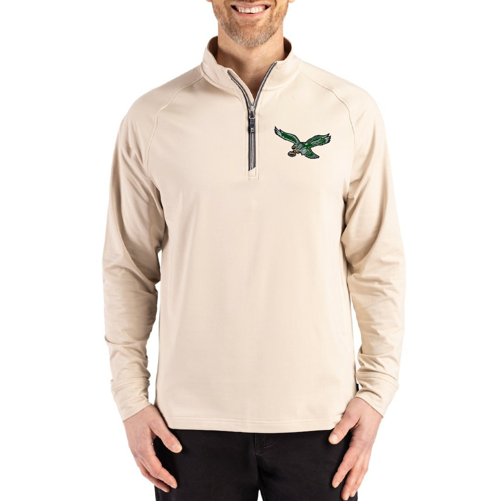 Philadelphia Eagles Cutter & Buck Throwback Logo Adapt Eco Knit Stretch Recycled Quarter-Zip Pullover Tan