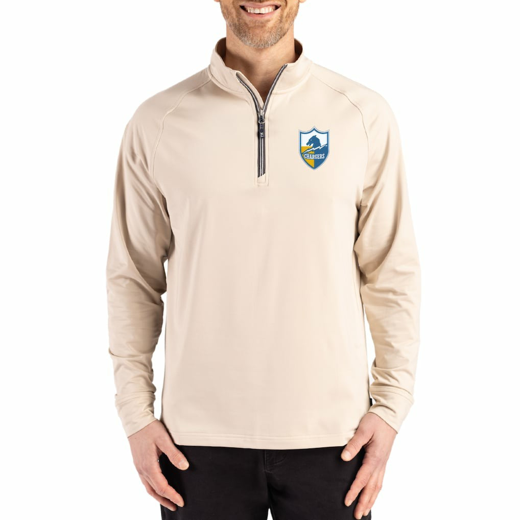 Los Angeles Chargers Cutter & Buck Throwback Logo Adapt Eco Knit Stretch Recycled Quarter-Zip Pullover Tan