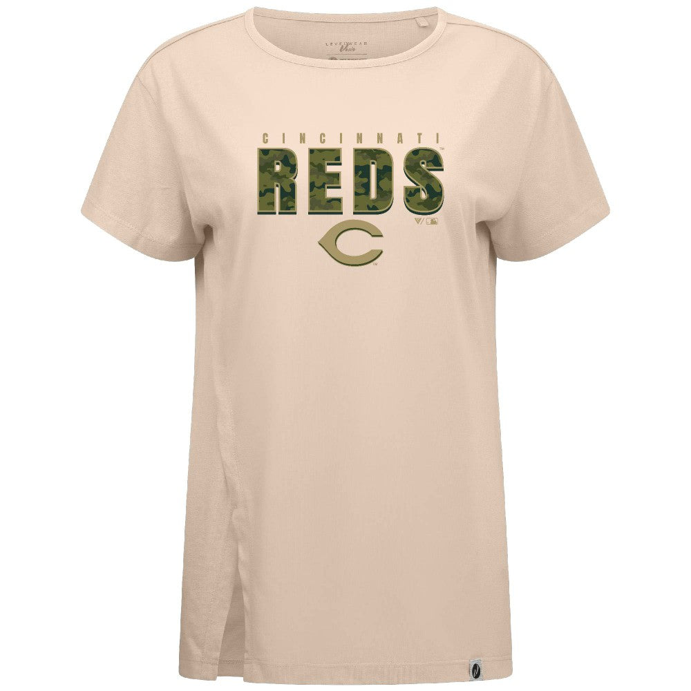 Cincinnati Reds Levelwear Women's Influx Protect W T-Shirt - Khaki T-shirts