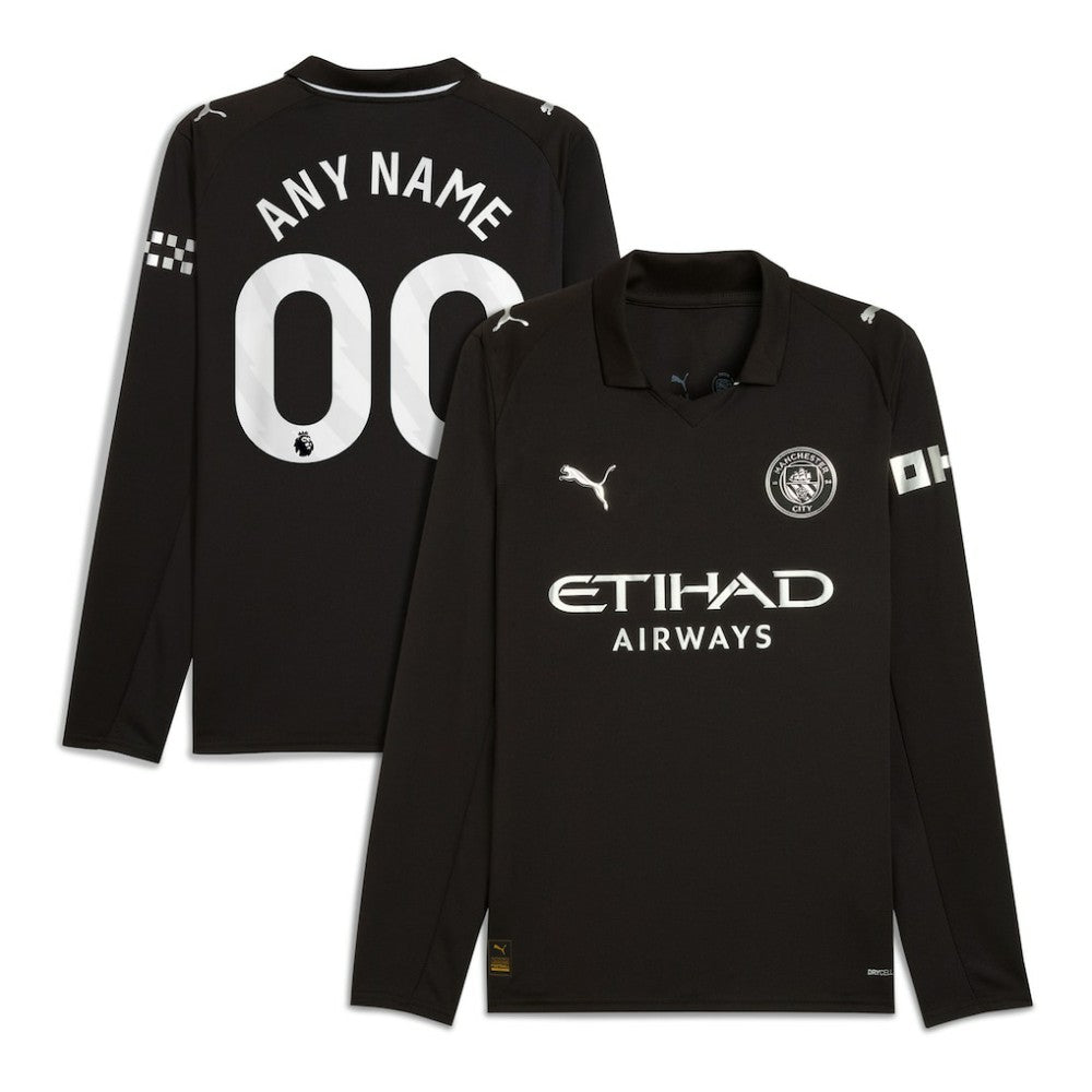 Manchester City 2025/26 Away Replica Long Sleeve Custom Jersey Black
