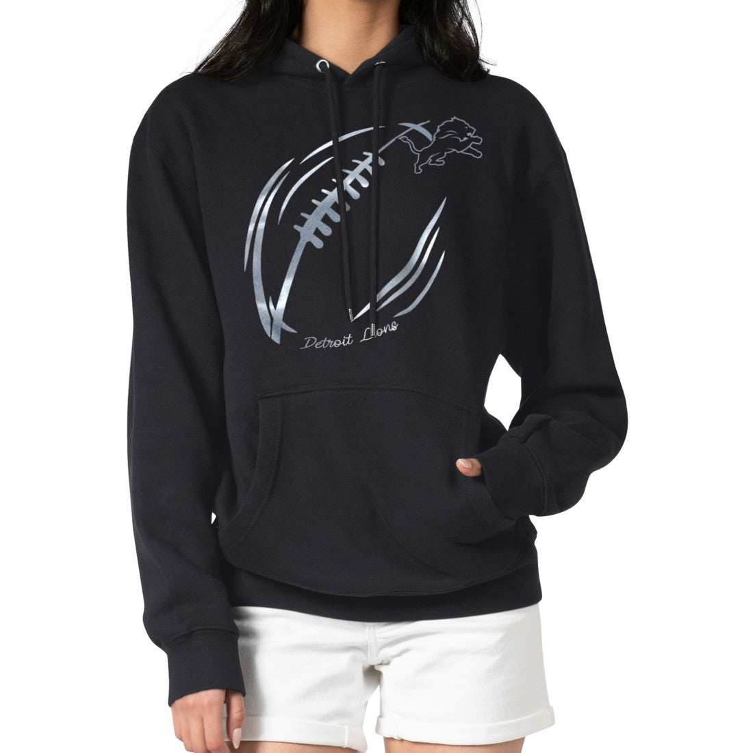Detroit Lions G-III 4Her by Carl Banks Women's Metallic Print Football Sketch Fleece Pullover Hoodie Black