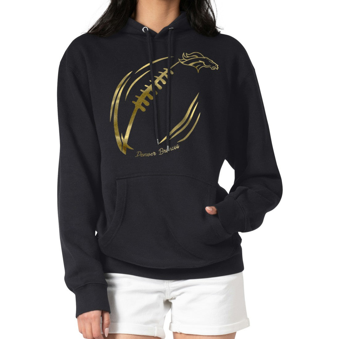 Denver Broncos G-III 4Her by Carl Banks Women's Metallic Print Football Sketch Fleece Pullover Hoodie Black