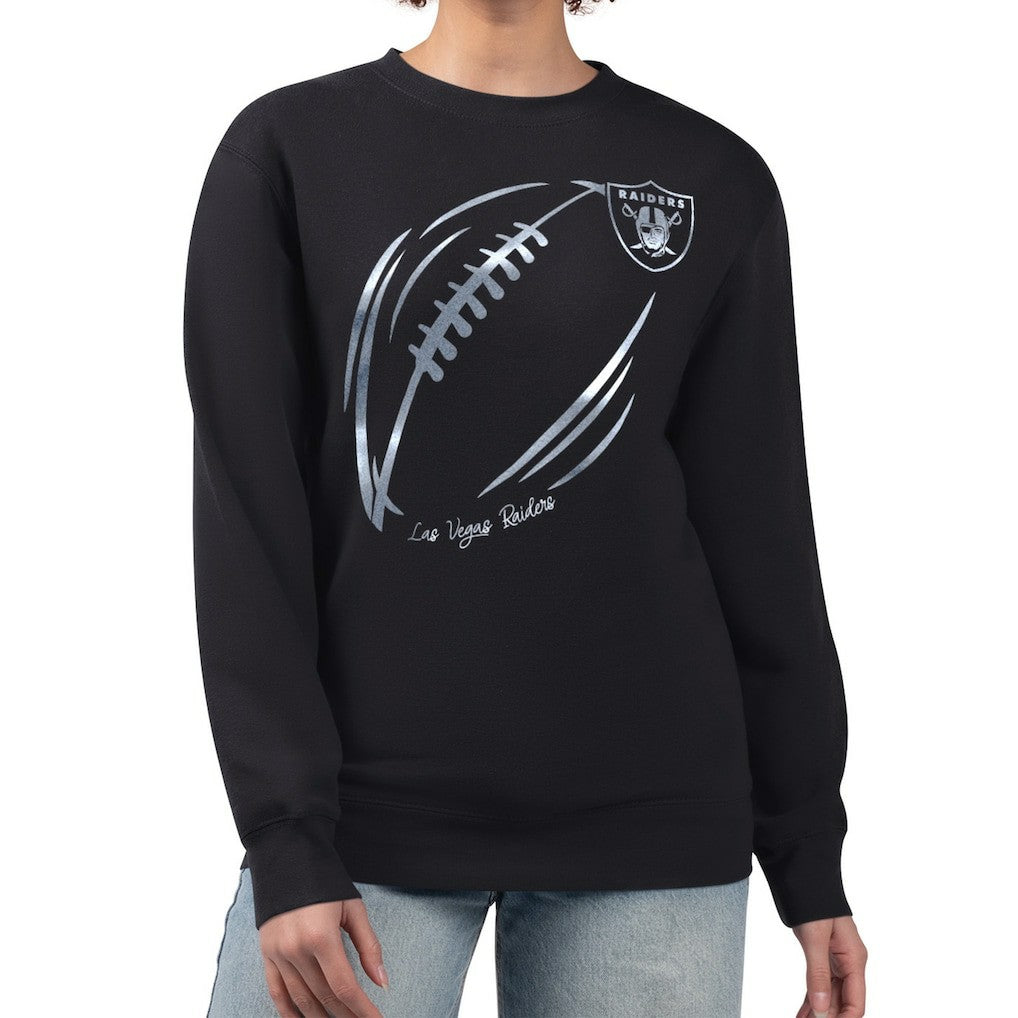 Las Vegas Raiders G-III 4Her by Carl Banks Women's Metallic Print Football Sketch Fleece Crewneck Sweatshirt Black