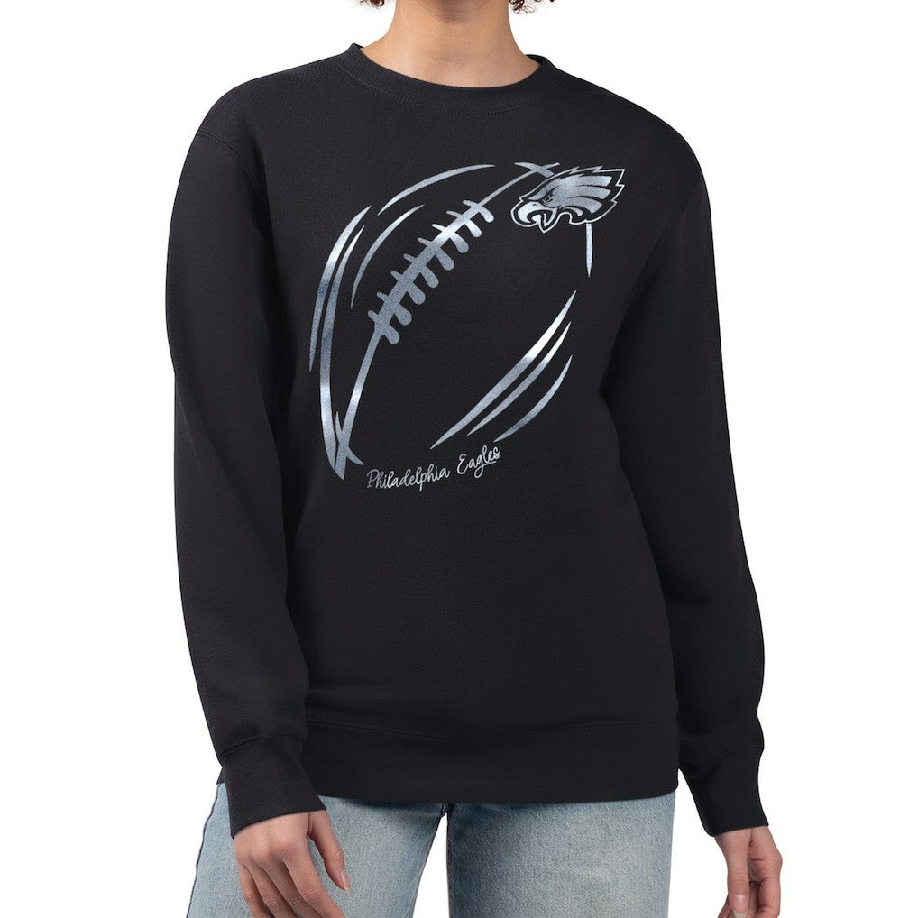 Philadelphia Eagles G-III 4Her by Carl Banks Women's Metallic Print Football Sketch Fleece Crewneck Sweatshirt Black