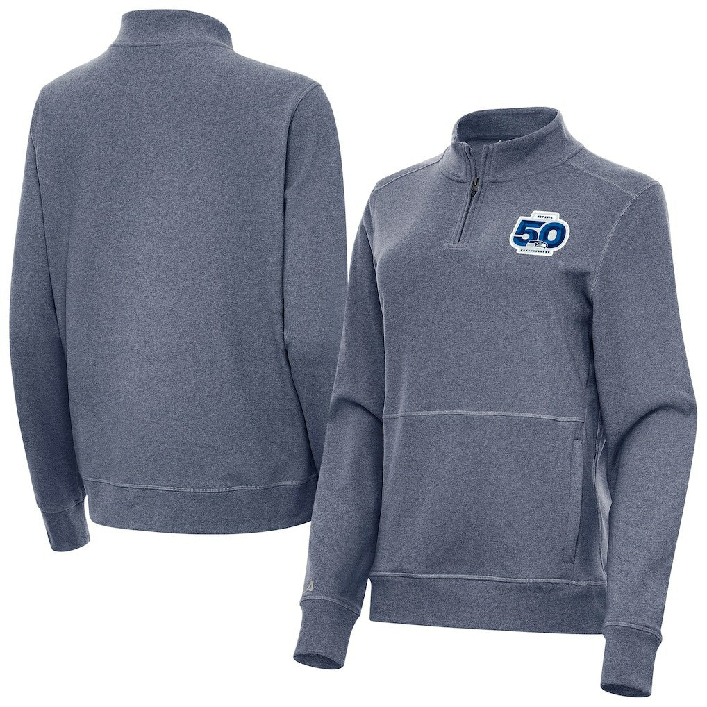 Seattle Seahawks Antigua Women's 50th Season Crush Quarter-Zip Pullover Heather Navy