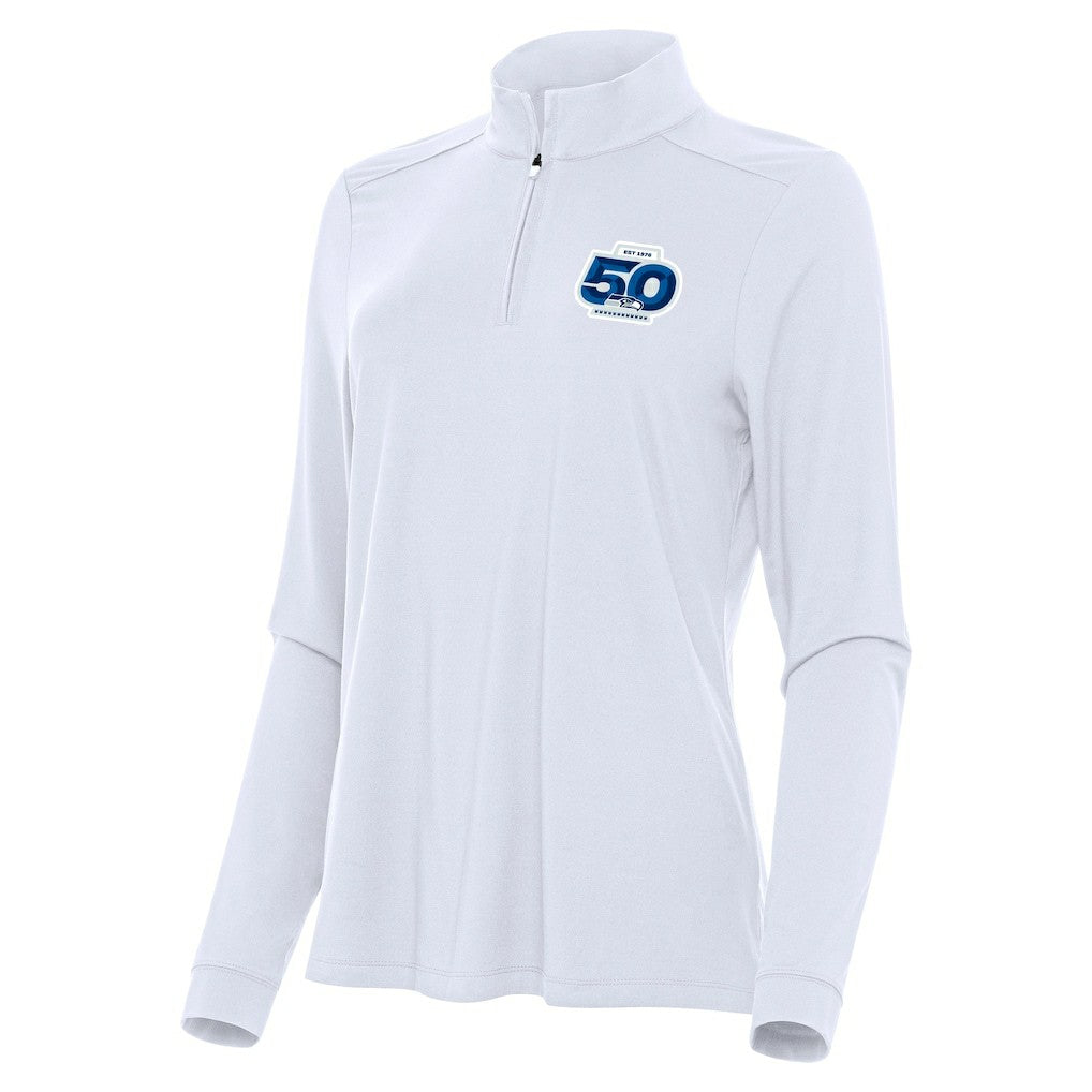 Seattle Seahawks Antigua Women's 50th Season Intent Quarter-Zip Pullover White