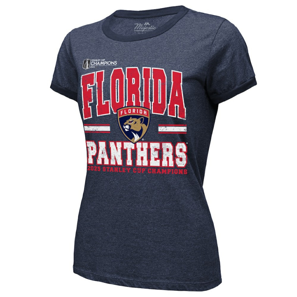 NHL Florida Panthers Majestic Threads Women's 2025 Stanley Cup Champions Tri-Blend Ringer T-Shirt - Navy