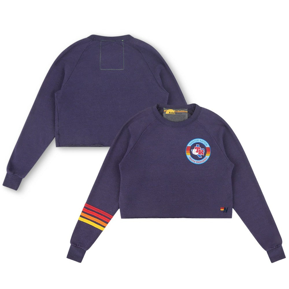 Texas Rangers Aviator Nation x MLB Women's Rugby Stitch Cropped Tri-Blend Pullover Sweatshirt - Navy Pullover