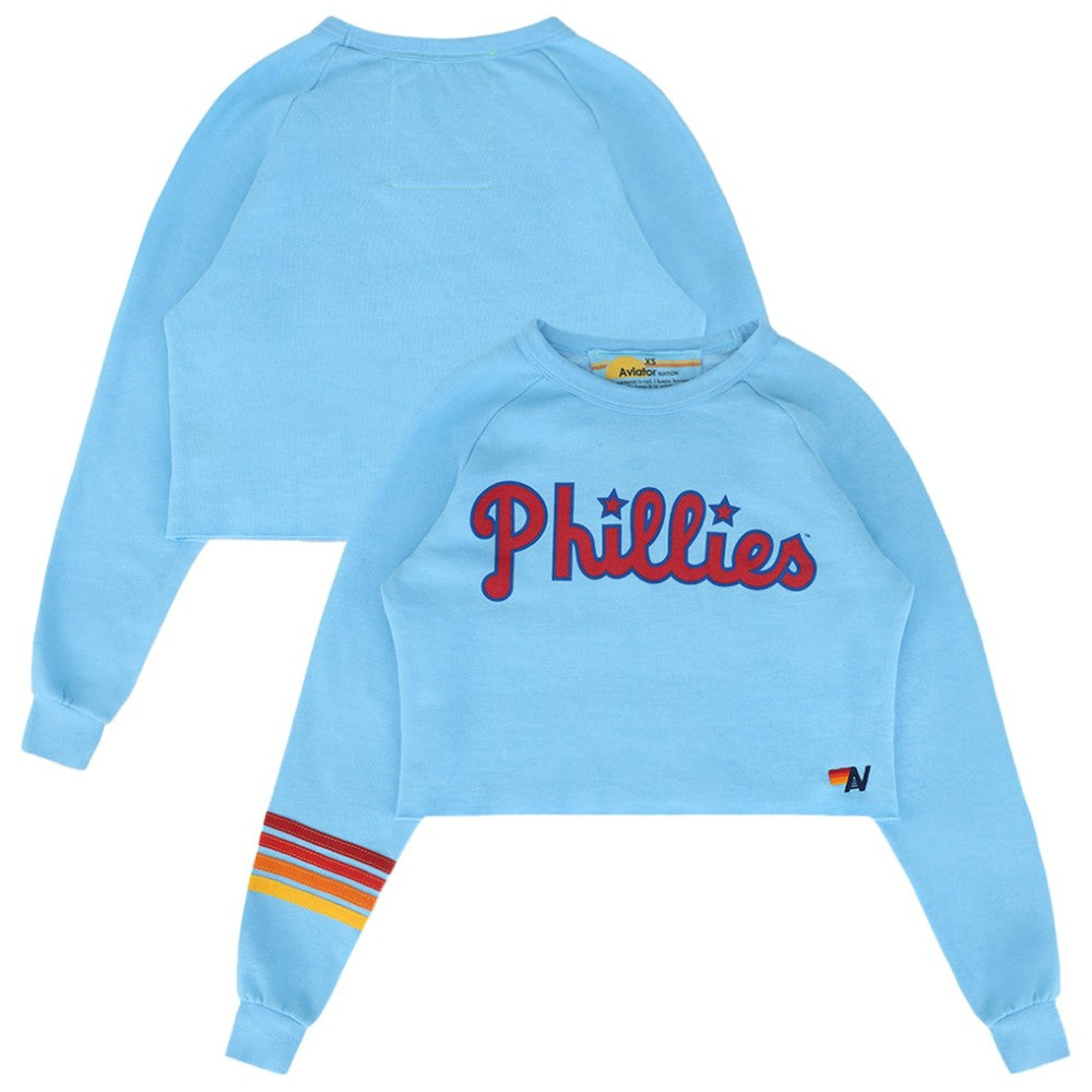 Philadelphia Phillies Aviator Nation x MLB Women's Rugby Stitch Cropped Tri-Blend Sweatshirt - Light Blue Sweatshirts