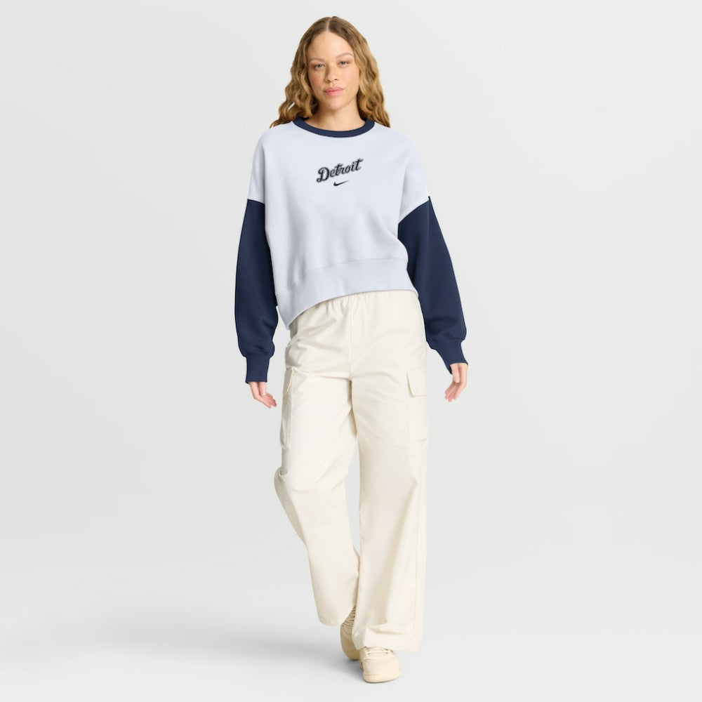 Detroit Tigers Nike Women's Oversized High Hip Fleece Sweatshirt - White/Navy Sweatshirts