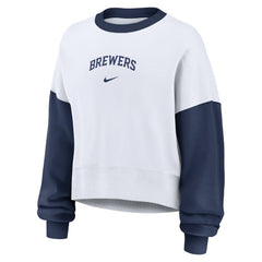 Milwaukee Brewers Nike Women's Oversized High Hip Fleece Sweatshirt - White/Navy Sweatshirts