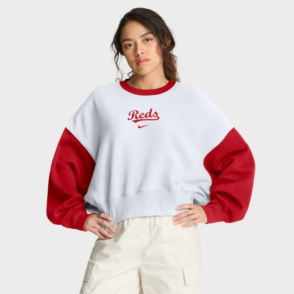 Cincinnati Reds Nike Women's Oversized High Hip Fleece Sweatshirt - White/Red Sweatshirts