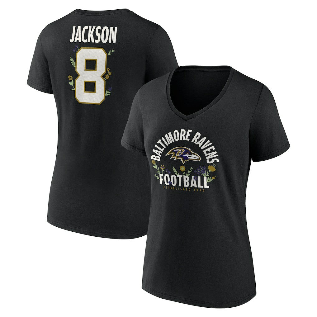 Lamar Jackson Baltimore Ravens Women's Floral Name & Number V-Neck T-Shirt Black