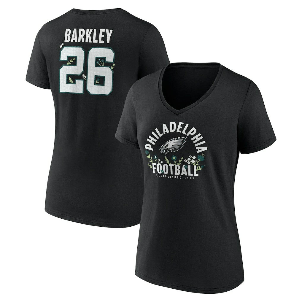 Saquon Barkley Philadelphia Eagles Women's Floral Name & Number V-Neck T-Shirt Black
