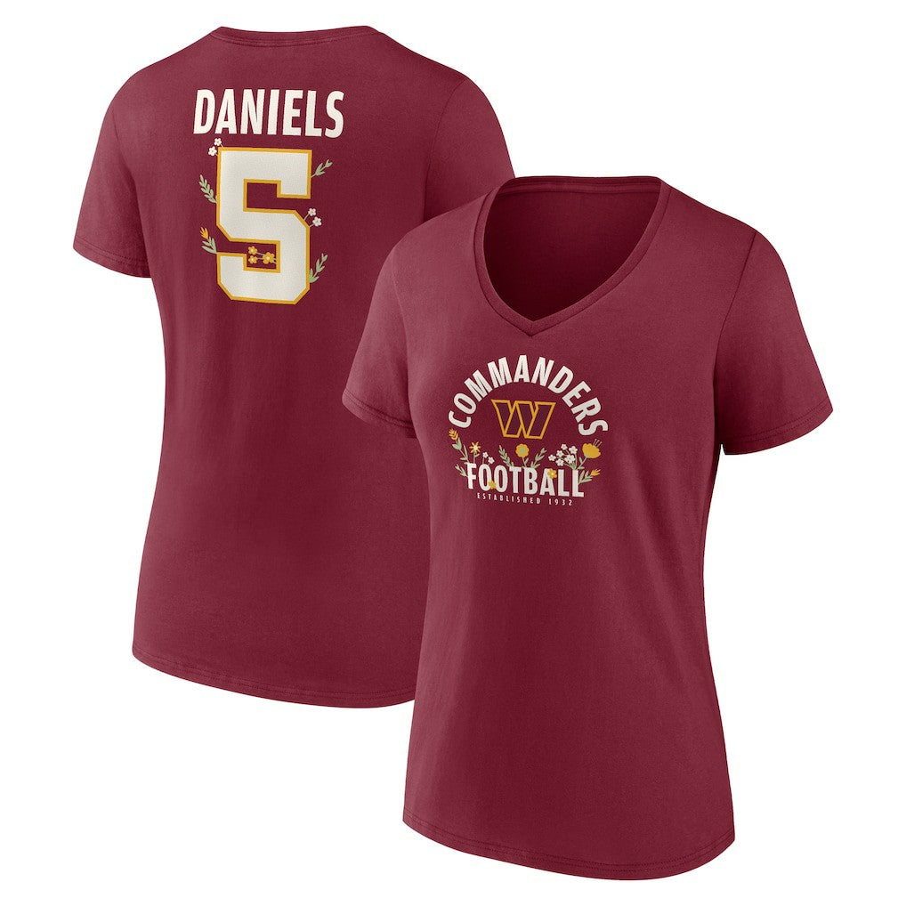 Jayden Daniels Washington Commanders Women's Floral Name & Number V-Neck T-Shirt Garnet