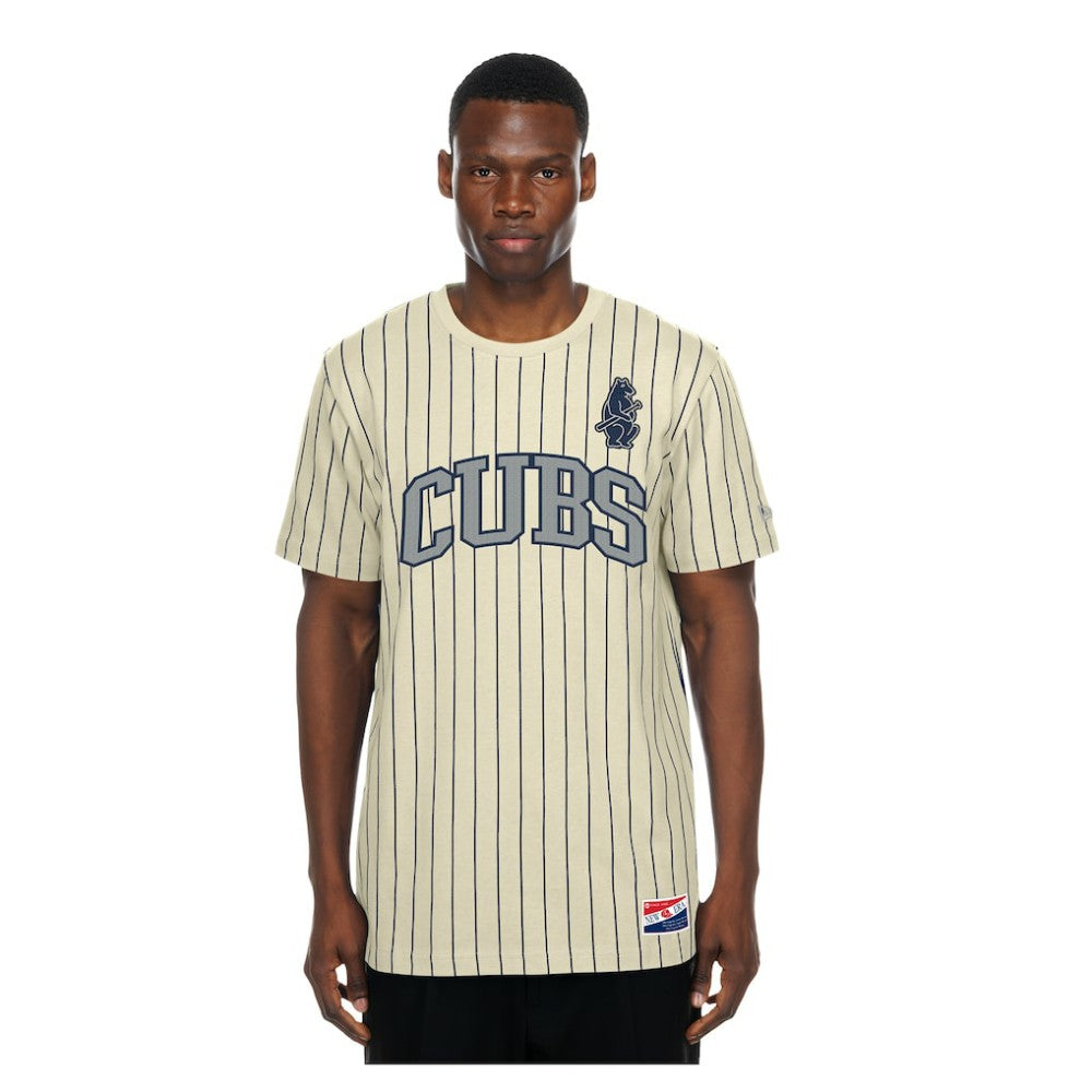 Chicago Cubs New Era Throwback Meshback Pinstripe T-Shirt - Cream T-shirts