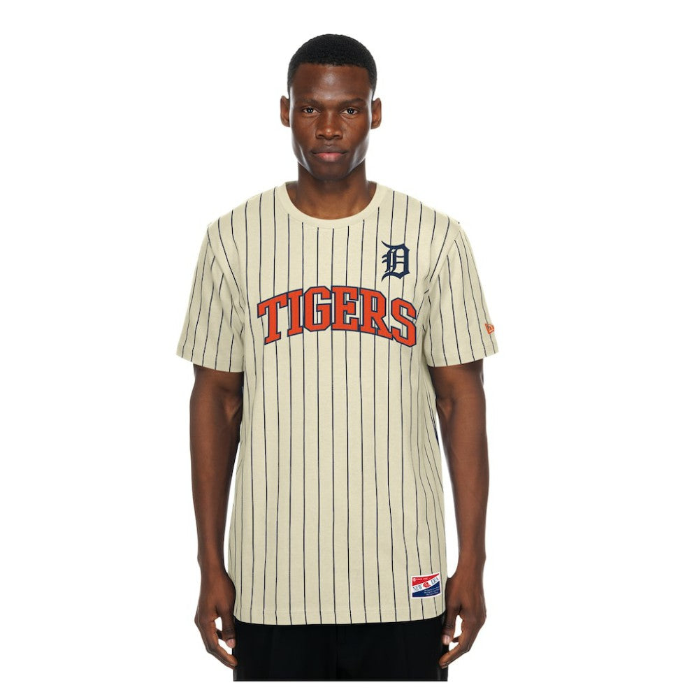 Detroit Tigers New Era Throwback Meshback Pinstripe T-Shirt - Cream T-shirts
