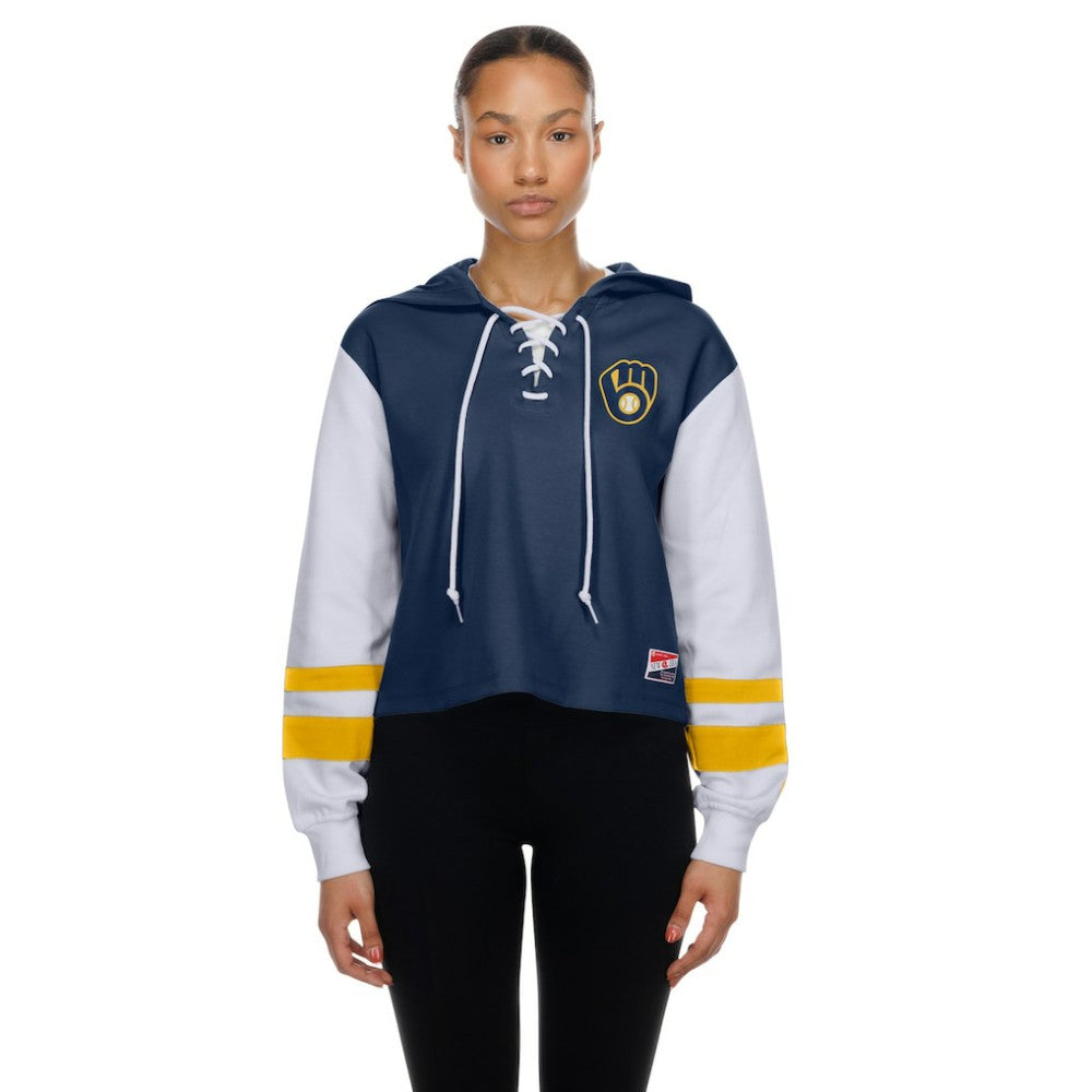 Milwaukee Brewers New Era Women's Boxy Lace-Up Hoodie - Navy Hoodies