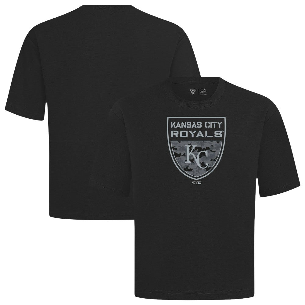 Kansas City Royals Levelwear Oversized Luxe Signature Knit Buckler T-Shirt - Black T-shirts