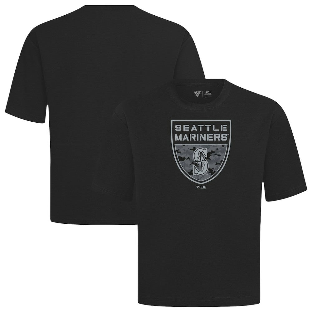 Seattle Mariners Levelwear Oversized Luxe Signature Knit Buckler T-Shirt - Black T-shirts
