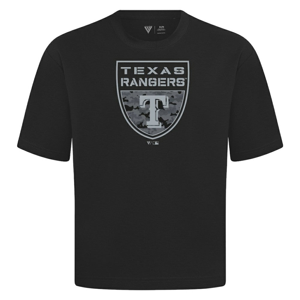 Texas Rangers Levelwear Oversized Luxe Signature Knit Buckler T-Shirt - Black T-shirts