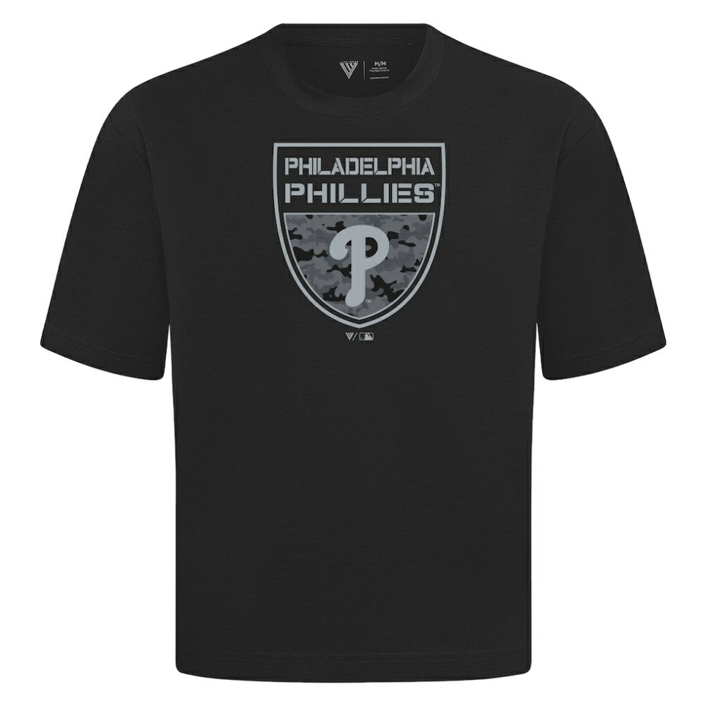 Philadelphia Phillies Levelwear Oversized Luxe Signature Knit Buckler T-Shirt - Black T-shirts