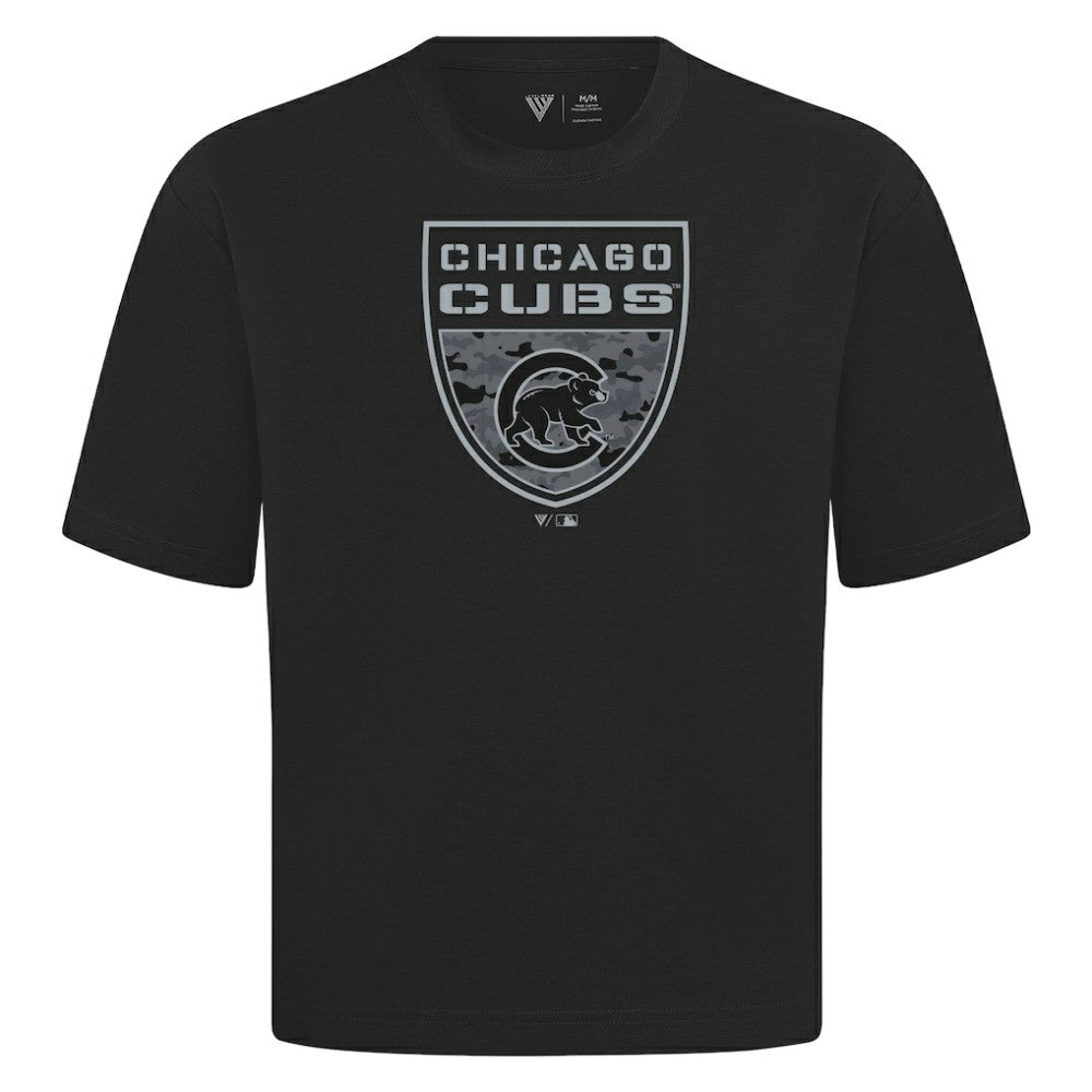 Chicago Cubs Levelwear Oversized Luxe Signature Knit Buckler T-Shirt - Black T-shirts