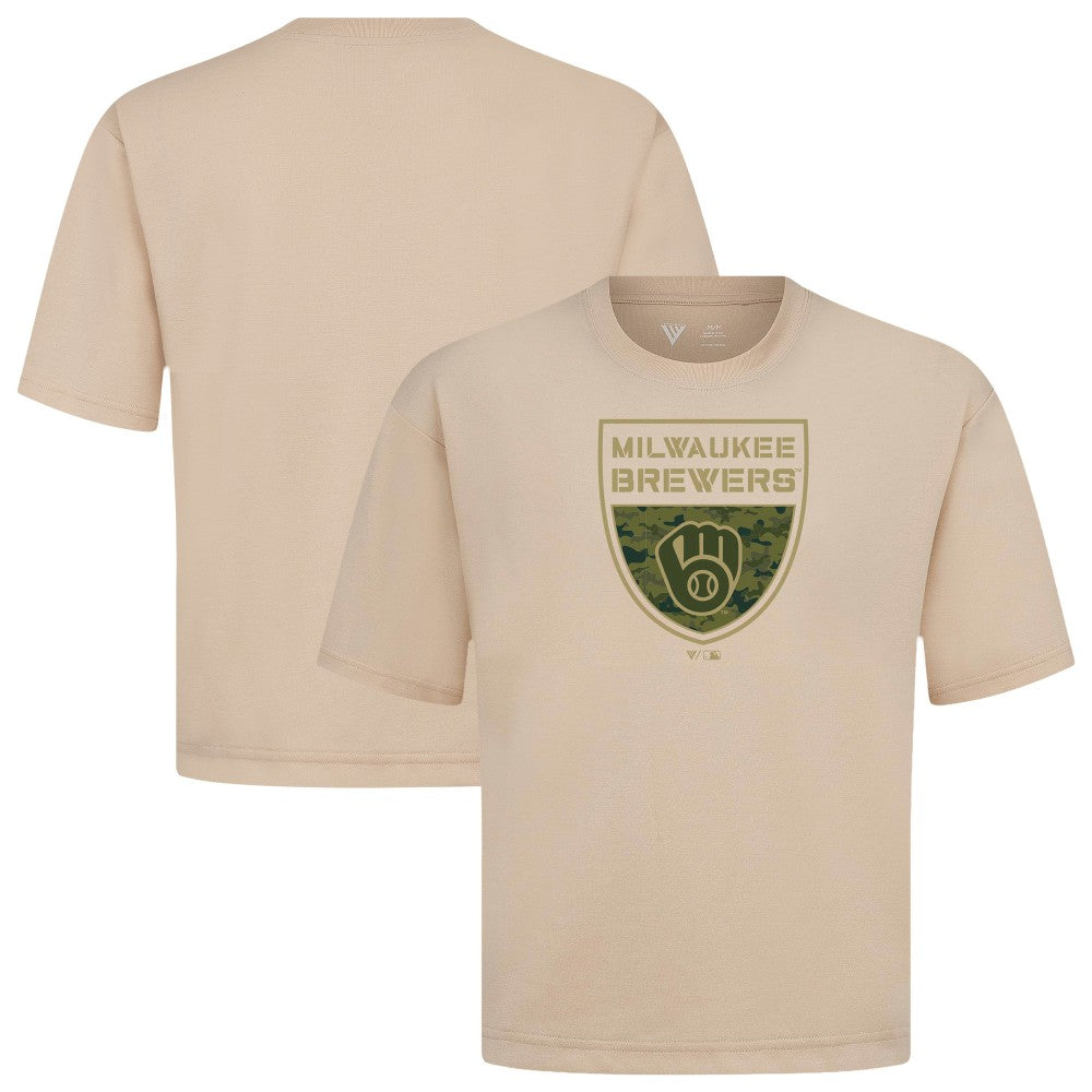 Milwaukee Brewers Levelwear Oversized Luxe Signature Knit Buckler T-Shirt - Khaki T-shirts