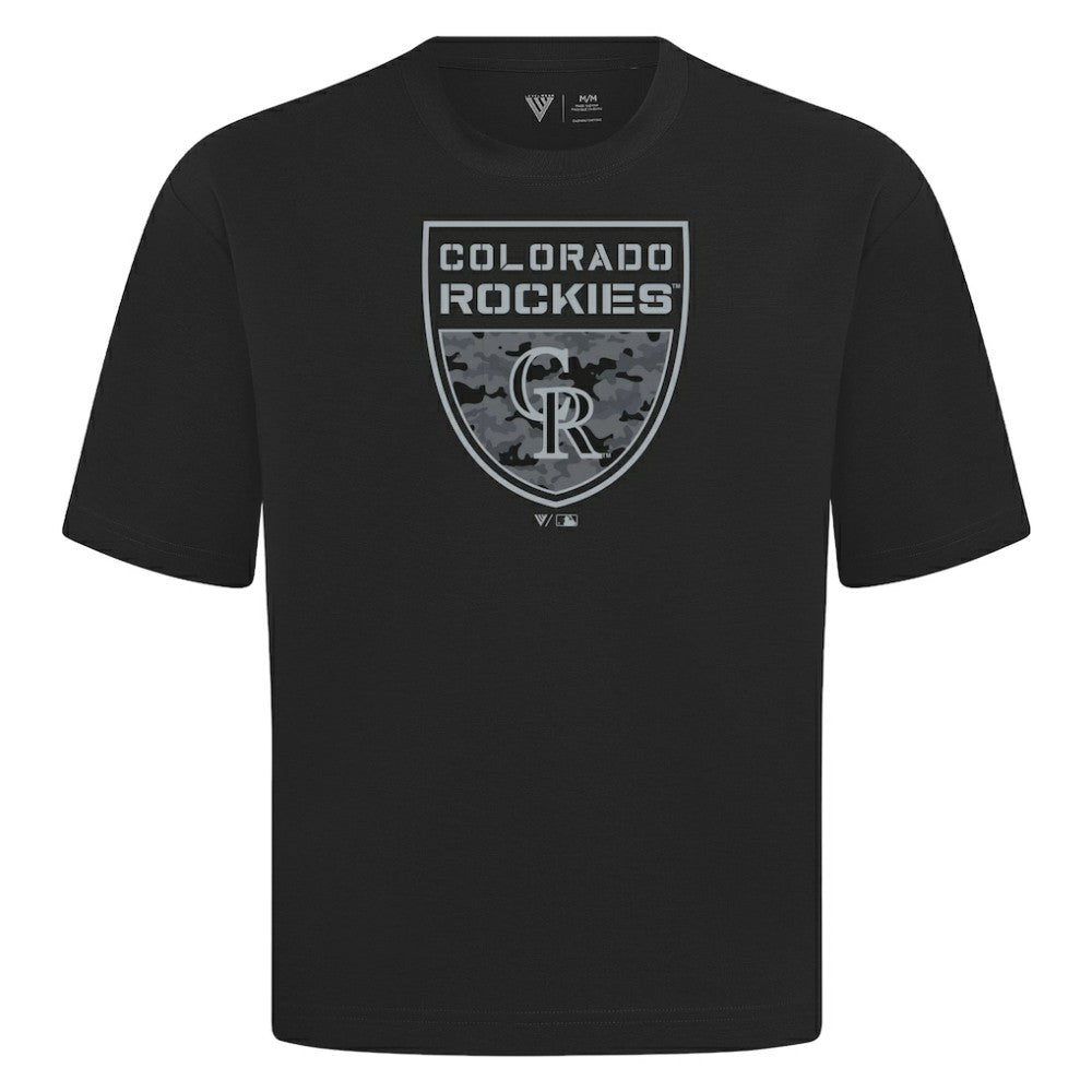 Colorado Rockies Levelwear Oversized Luxe Signature Knit Buckler T-Shirt - Black T-shirts