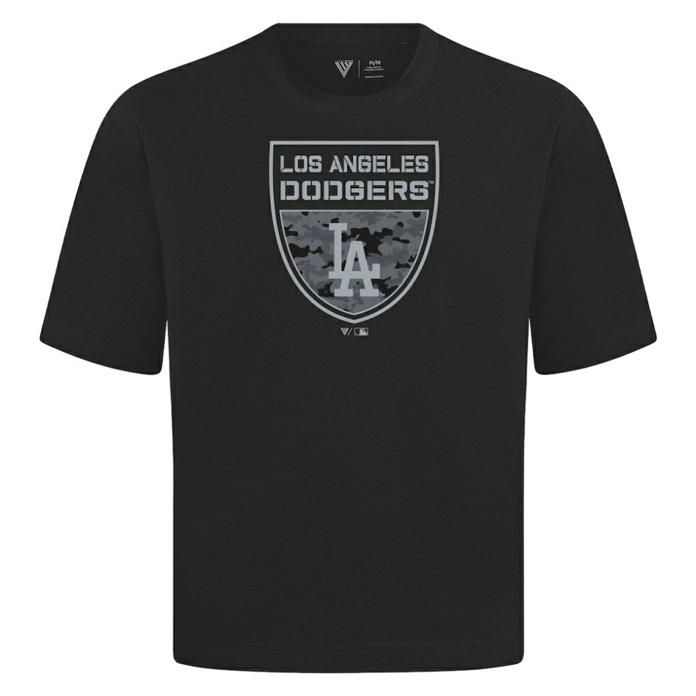 Los Angeles Dodgers Levelwear Oversized Luxe Signature Knit Buckler T-Shirt - Black T-shirts