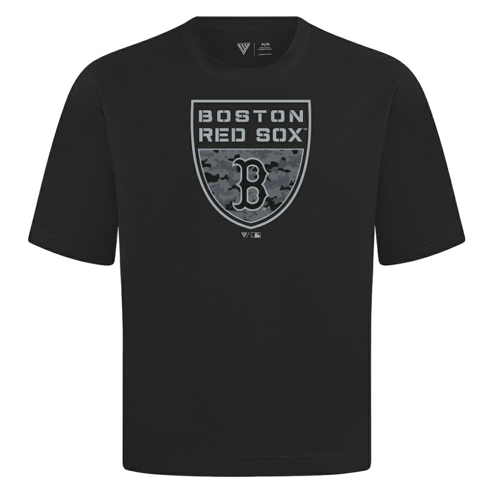 Boston Red Sox Levelwear Oversized Luxe Signature Knit Buckler T-Shirt - Black T-shirts