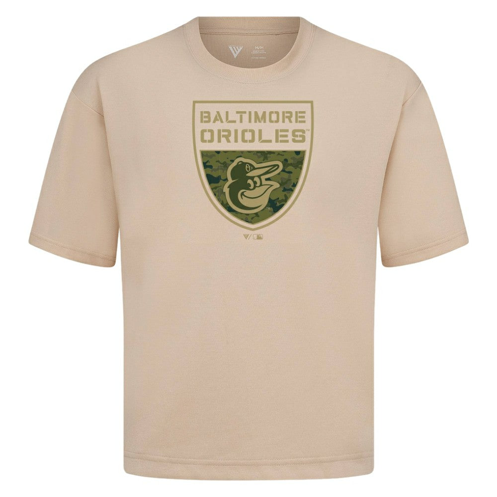Baltimore Orioles Levelwear Oversized Luxe Signature Knit Buckler T-Shirt - Khaki T-shirts