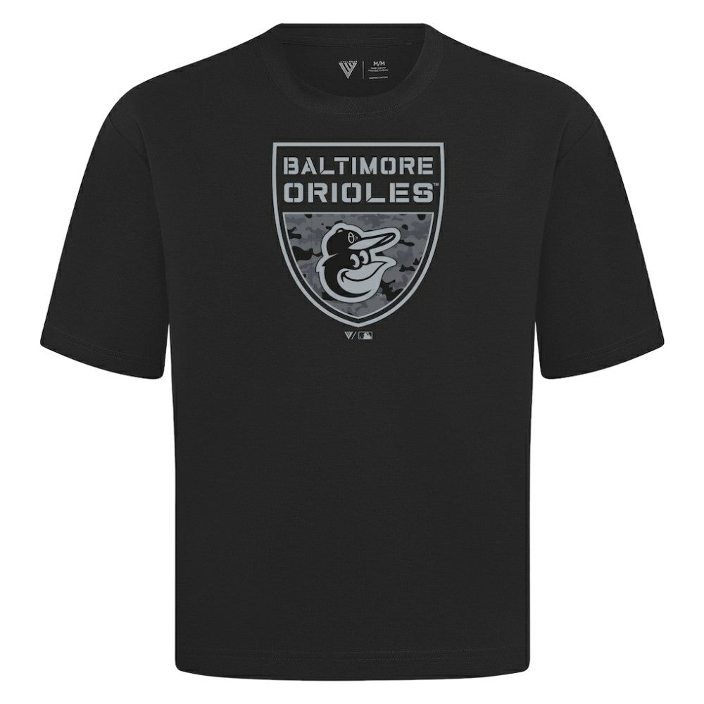 Baltimore Orioles Levelwear Oversized Luxe Signature Knit Buckler T-Shirt - Black T-shirts