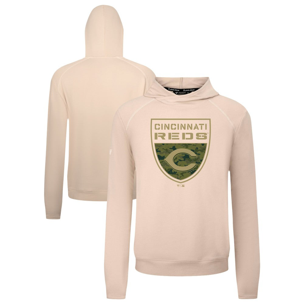 Cincinnati Reds Levelwear Mandate Buckler Tri-Blend Pullover Hoodie - Khaki Hoodies