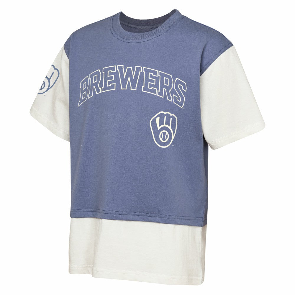 Milwaukee Brewers Outerstuff Youth Ultimate Pastels Premium Double Run T-Shirt - Navy/Cream T-shirts