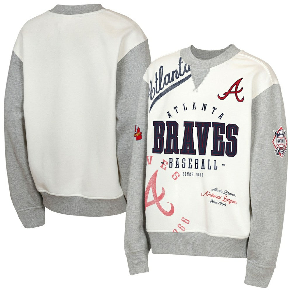 Atlanta Braves Outerstuff Youth Big League Power Hit Fleece Sweatshirt - Cream/Gray Sweatshirts