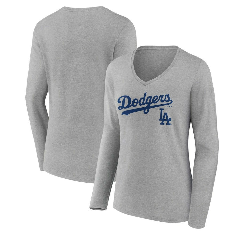 Los Angeles Dodgers Women's Team Lockup Long Sleeve V-Neck T-Shirt - Gray T-shirts