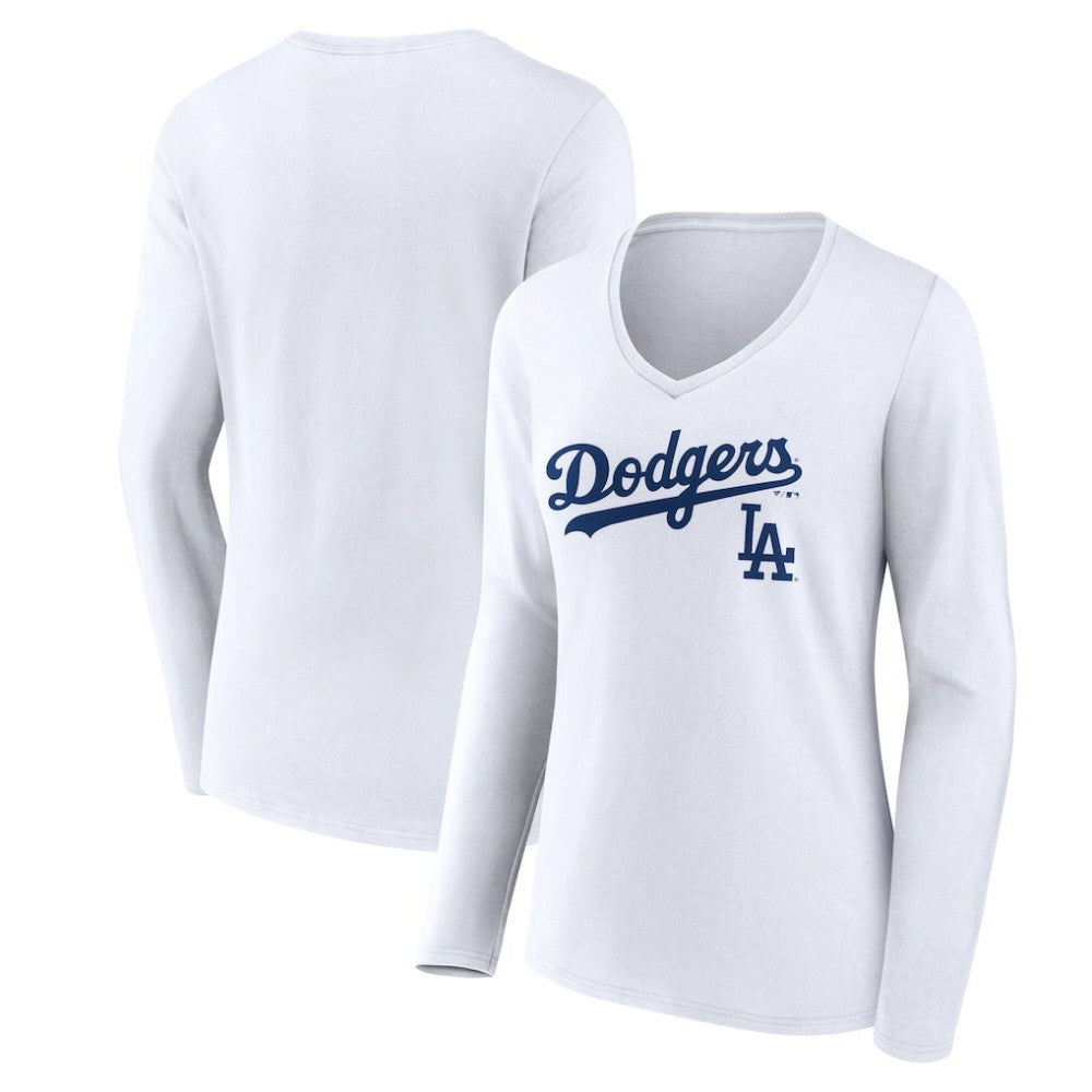 Los Angeles Dodgers Women's Team Lockup Long Sleeve V-Neck T-Shirt - White T-shirts