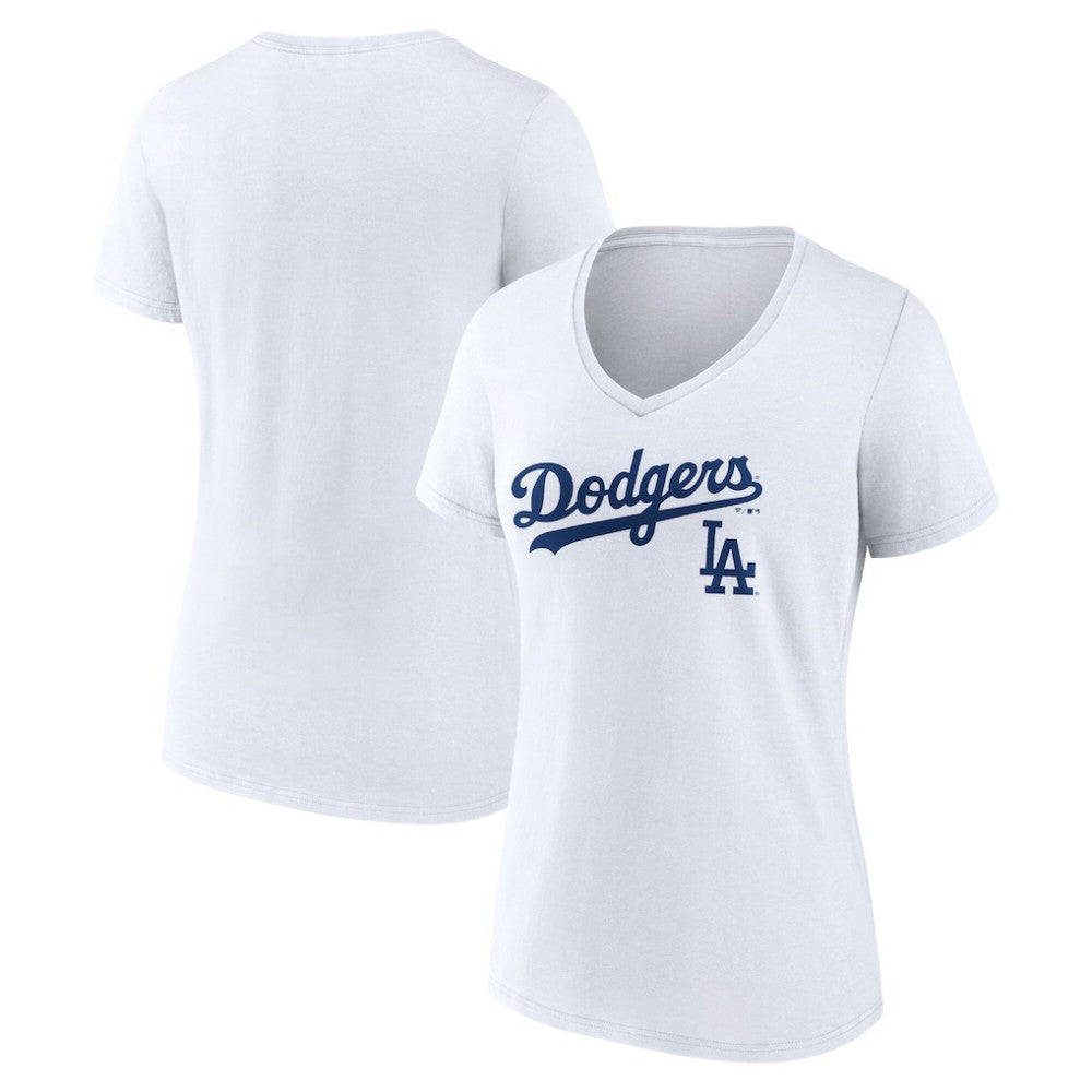 Los Angeles Dodgers Women's Team Lockup V-Neck T-Shirt - White T-shirts