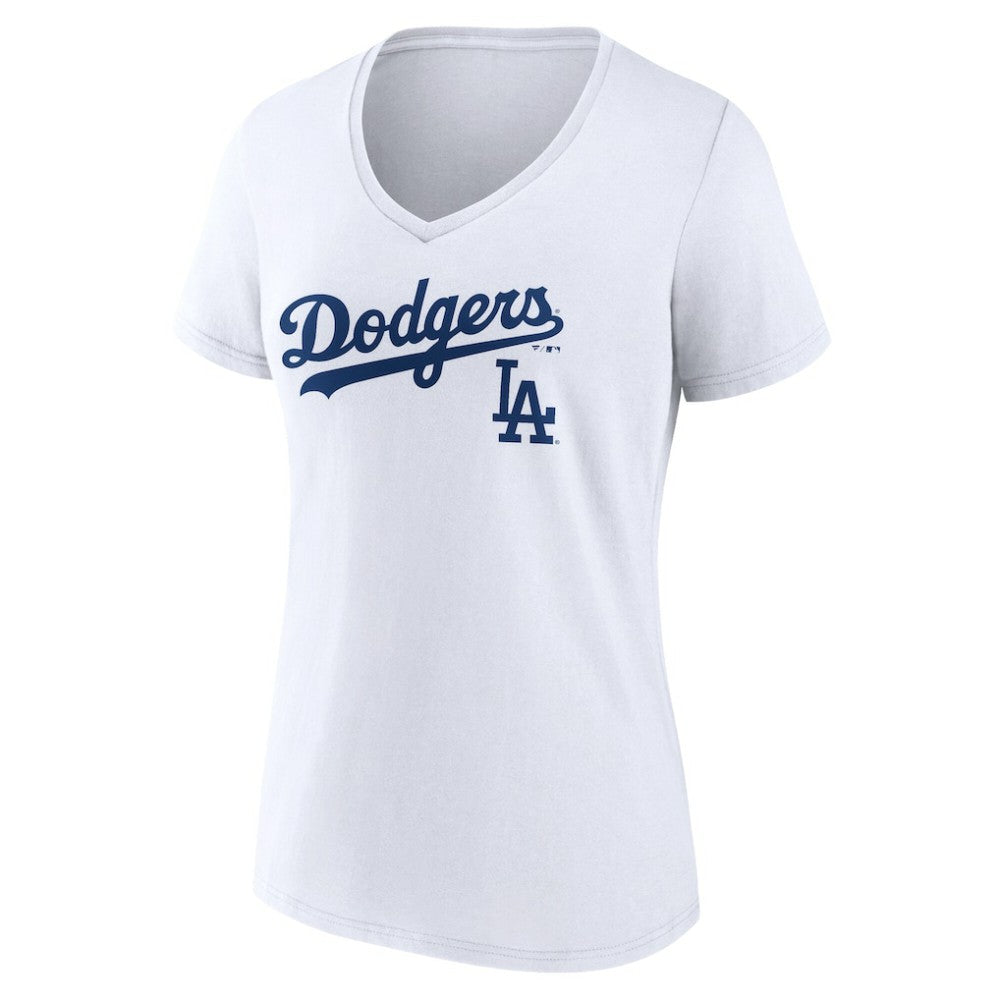 Los Angeles Dodgers Women's Team Lockup V-Neck T-Shirt - White T-shirts