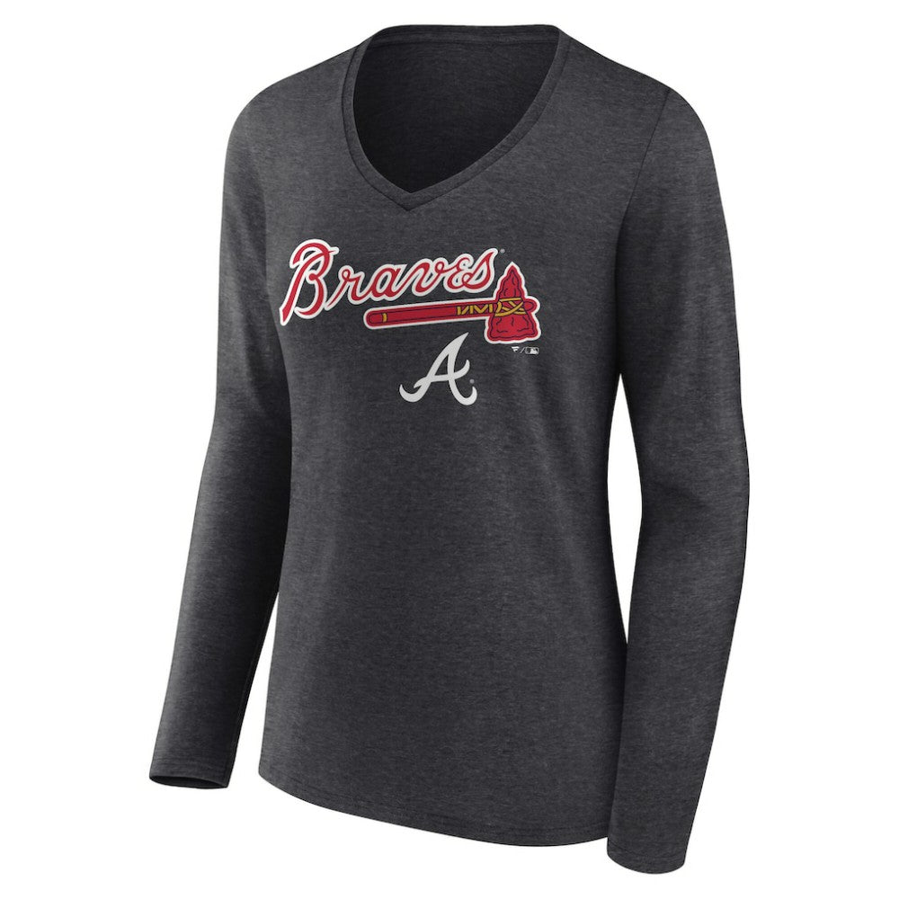 Atlanta Braves Women's Team Lockup Long Sleeve V-Neck T-Shirt - Charcoal T-shirts